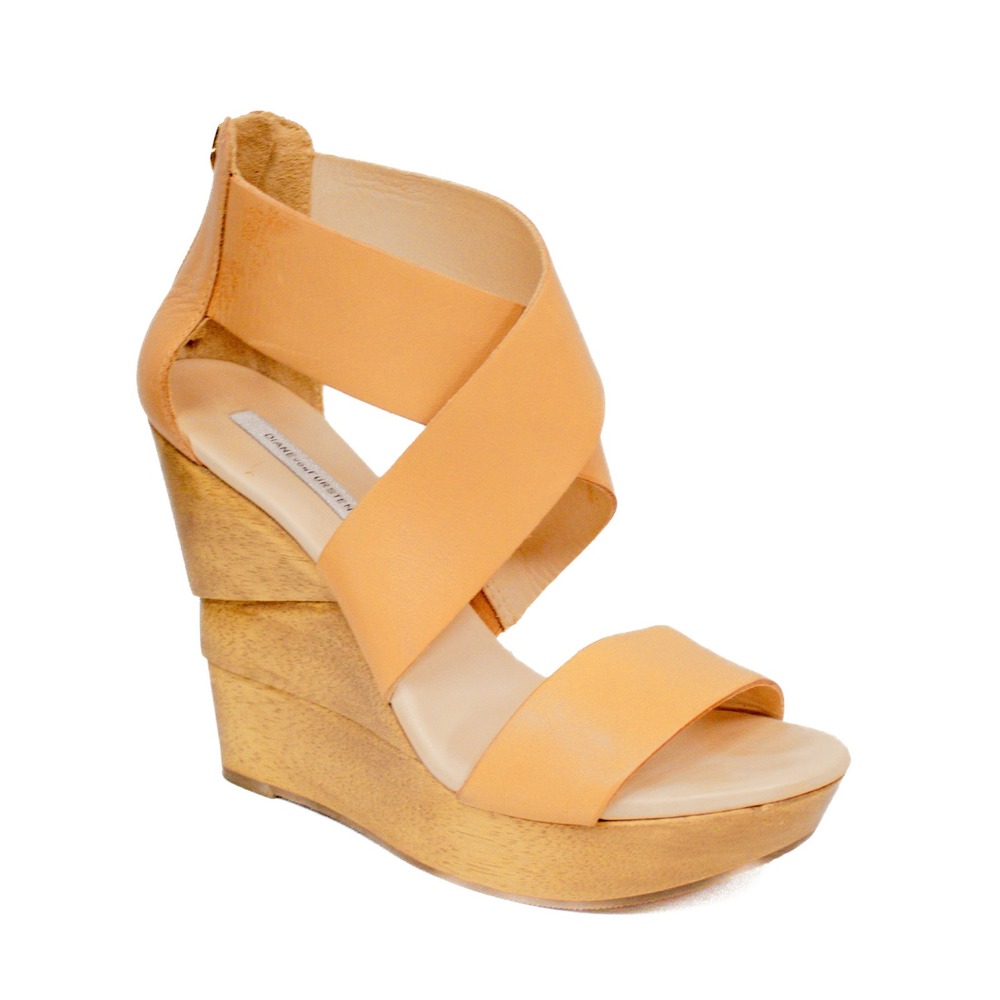 Diane von Furstenberg Opal Wedge Sandals Tan Leather Wooden Heels Women's Size 8